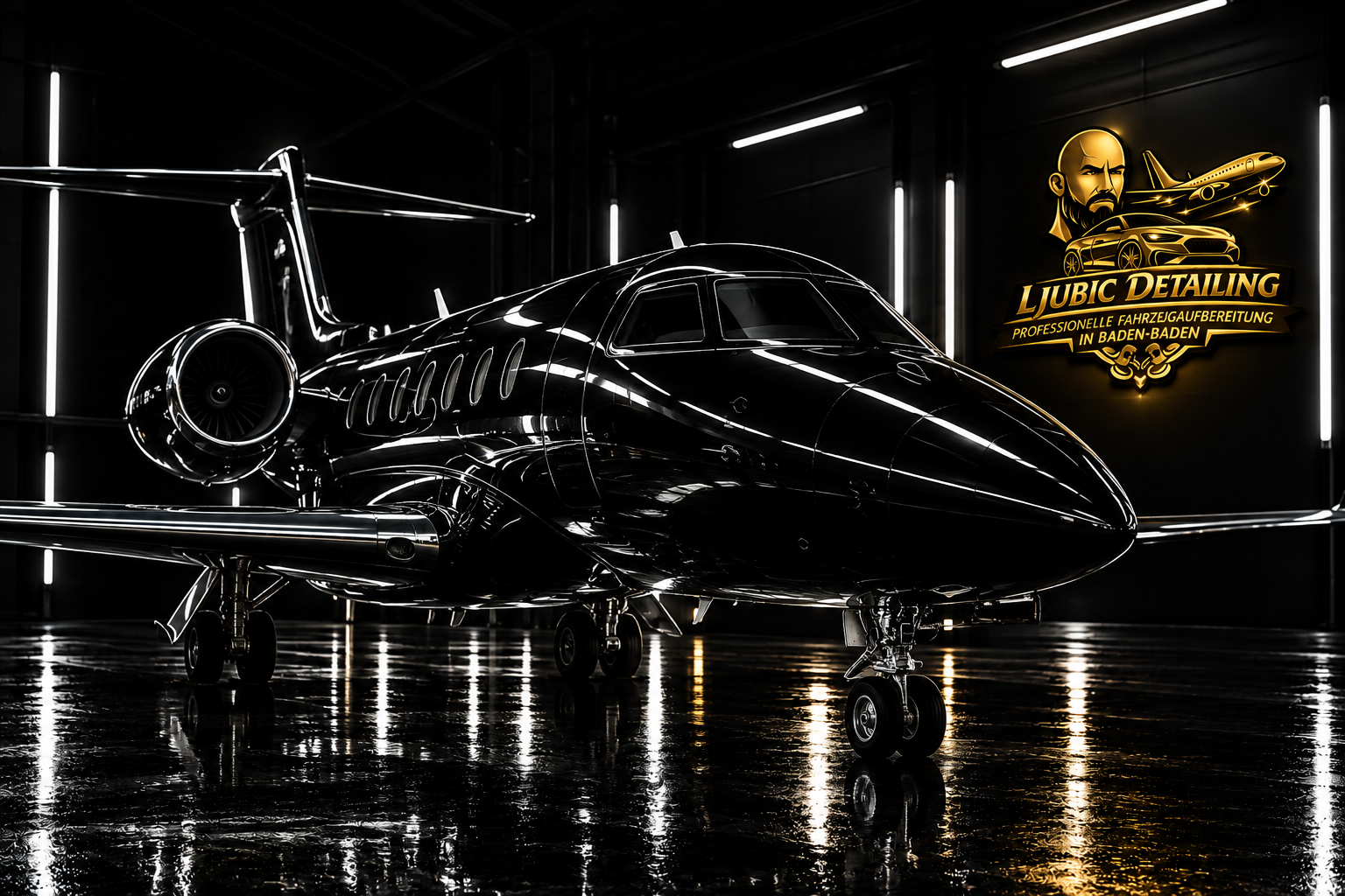 luxuriöser privatjet im detailhangar