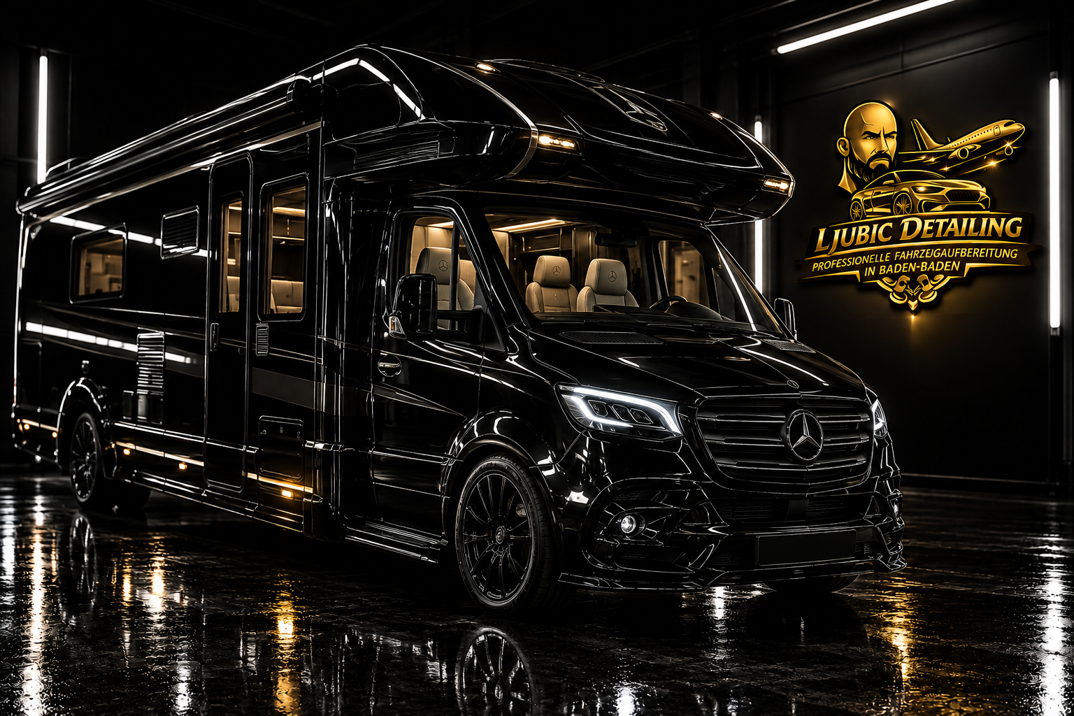 luxuriöser schwarzer mercedes camper im glanzstudio