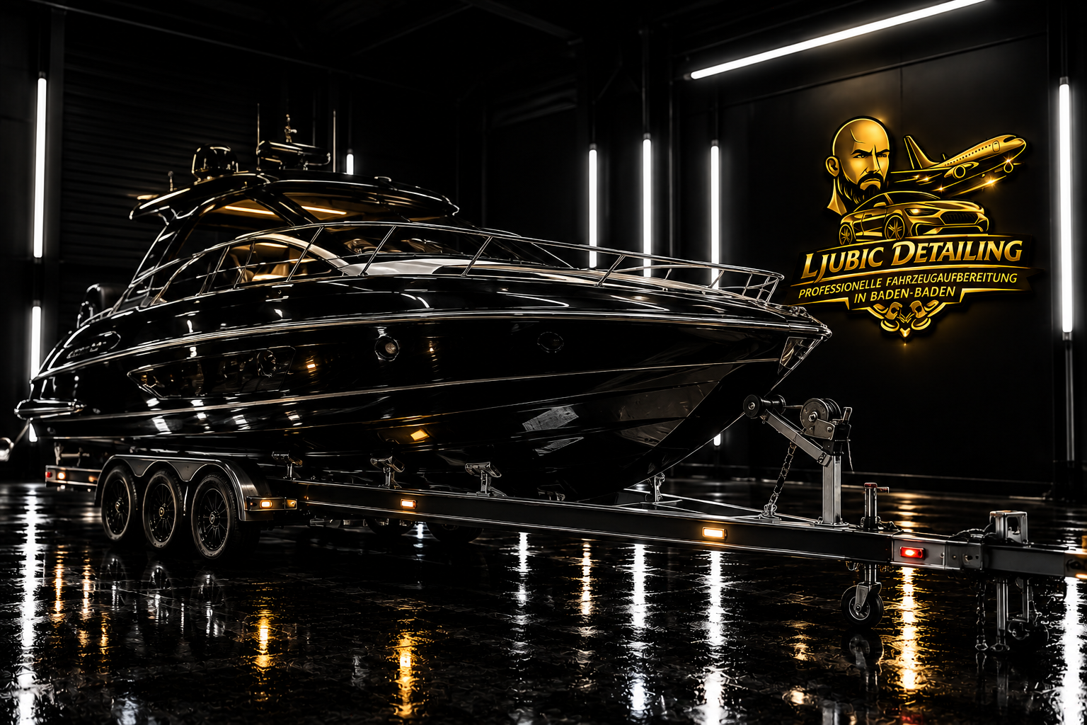 luxus motorboot im noir detailing hangar