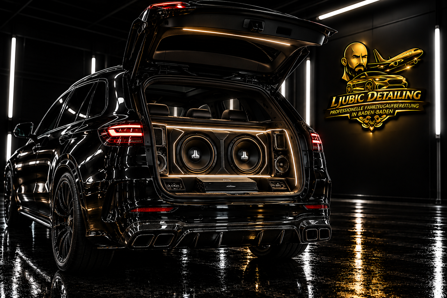 luxus suv mit beleuchtetem soundsystem